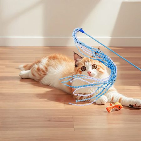 Interactive Cat Wand Teaser Toy with Blue & White Rope Design - Durable Plastic, No Batteries Needed, Perfect for Indoor Cats, Kittens, and Playful Felines, Cat Toys for Indoor Cats, Playful Pet Design, Flexible Pet Accessory