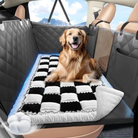 Non-Slip Car Backseat Dog Bed - Soft Checkered Pet Mat with Paw Print Design, 51x23.5 Inches, Comfortable Travel Blanket for Cars, SUVs, and Vehicles, Vehicle Interior Accessory, Stylish Pet Accessory, Durable Pet Bed