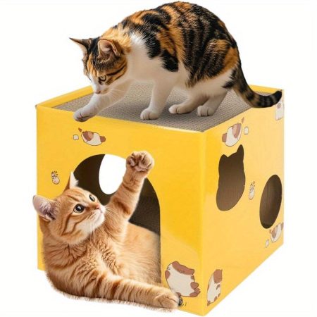 2-Level Cat House with Scratching Pads - Durable Corrugated Plastic Multi-Level Playhouse, Hideaway Cave & Scratching Toy for Indoor Cats, Kittens, Small Animals (Yellow), Cat Furniture, Playful Design, Sturdy Construction