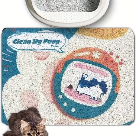 Large 24x16 Inch Cat Litter Mat - Non-Slip Scratching, Easy Clean Kitty Litter Box Mat with Decorative Bathroom Floor Protector, Cute spaceship & planets design in Teal/Orange/Pink/Gray/White/Black/ - for Indoor Cats, Cat Litter Mat Extra Large, Pet Hygie
